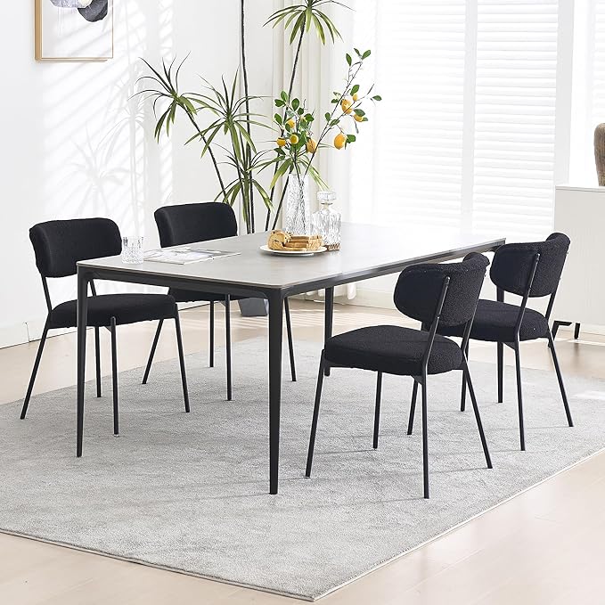 KCC Boucle Dining Chairs Set of 2, Modern Mid-Century Upholstered Stylish Kitchen Chairs Sherpa Accent Diner Chairs with Metal Legs and Curved Back for Kitchen, Dining Room(Black)