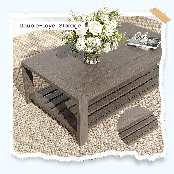 UDPATIO 5 Piece Aluminum Patio Furniture Set Faux Wood Grain Modern Outdoor Furniture Patio Conversation Set with 6" Olefin Fabric Cushions and Coffee Table, 600D Waterproof Cover Included, Light Grey