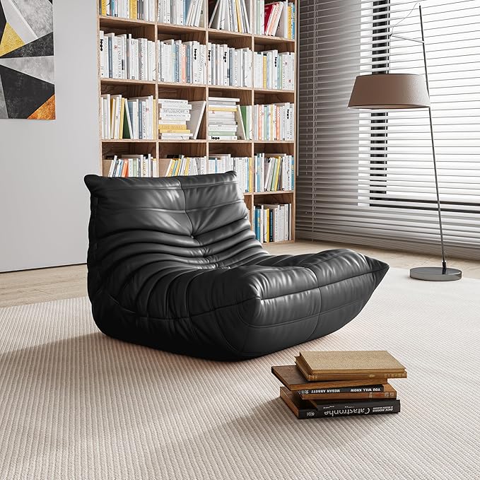 High-end Bean Bag Chair, Fireside Togo Chair with Black Faux Leather Cover, Comfy & Soft Lazy Floor Lounge Sofa for Bedroom, Living Room, Office or Lounger