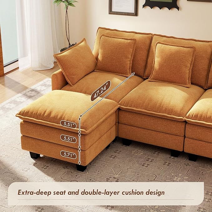 Ihanherry U Shaped Modular Sectional Cloud Sofa, 106" Modern 6 Seat Chenille Couch with Ottoman for Living Room, Bedroom and Apartment, Orange