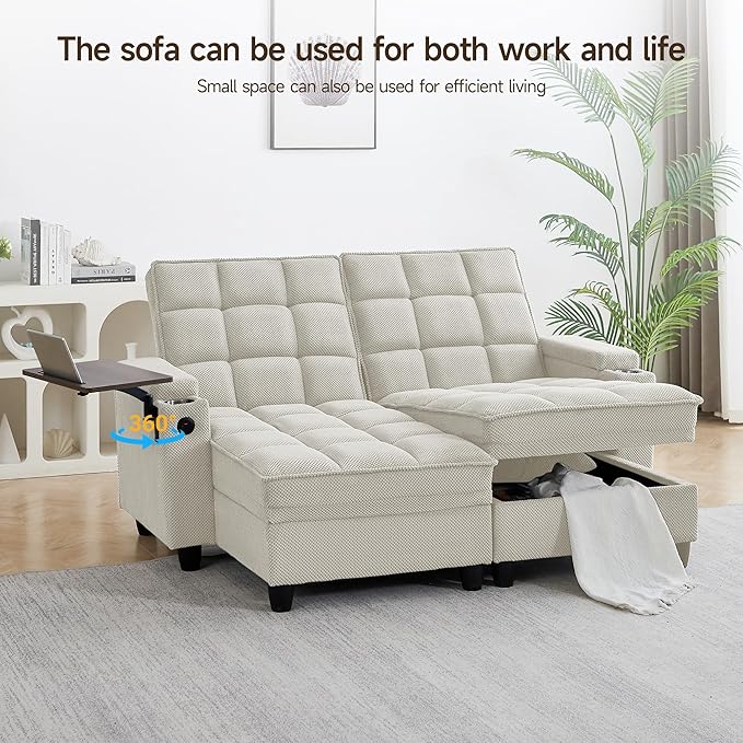 70.9" Chaise Lounge Chair Indoor, Oversized Boucle Upholstered Sofa Bed, Adjustable Backrest Deep Seat Reading Chair, Sofas Couches for Living Room with Storage, Cup Holders and 360° Swivel Side Table