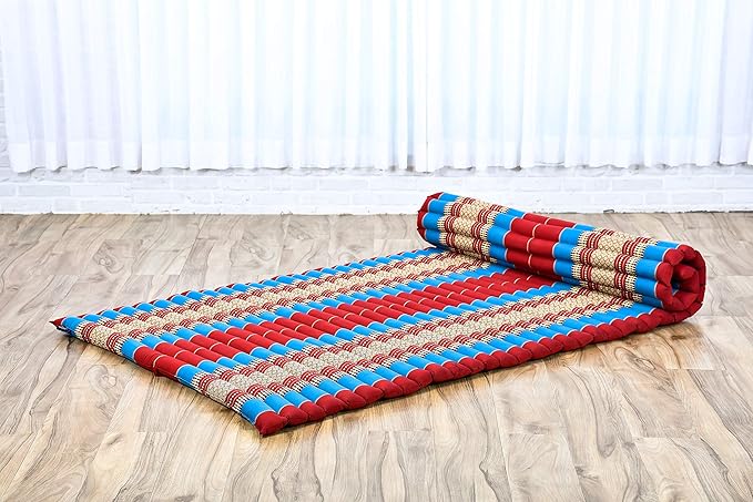 Leewadee - Kapok Roll Mat – Handcrafted Folding Sleep & Relaxation Mattress from Thailand, Ideal as Guest Bed, Camping Mat, Yoga Mat or Traditional Futon, 75 x 39 inches, Blue Red