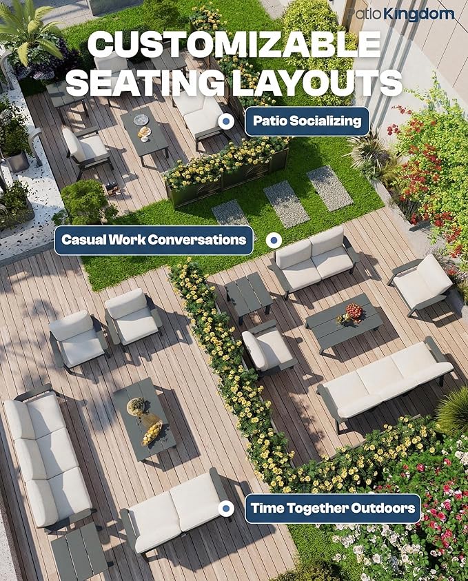 Patio Kingdom Patio Furniture Set with Washable Thick Beige Cushions, Coffee Table & Side Table, HDPE Outdoor Couch, All-Weather Outdoor Sectional Furniture, Patio Conversation Sets (Grey Frame)