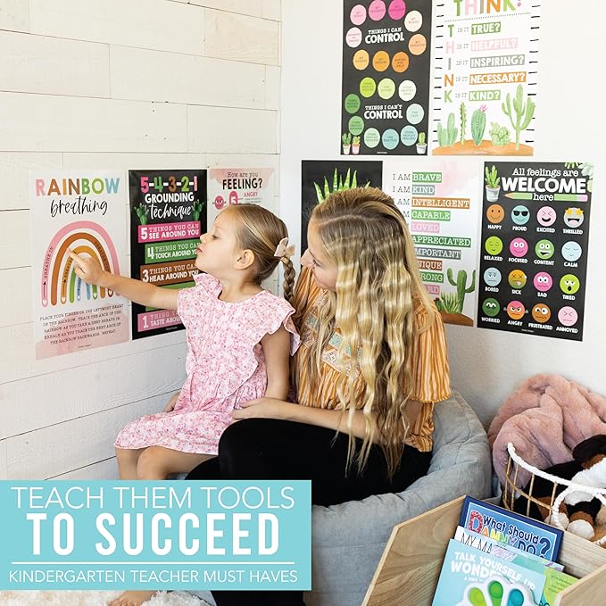 Hadley Designs 8 Calming Corner Posters For Classroom Must Haves For Teachers - 11x17 Calm Down Corner Supplies, Feelings Chart For Kids Ages 4-8, Toddler Emotions Chart, Cactus Classroom Decor