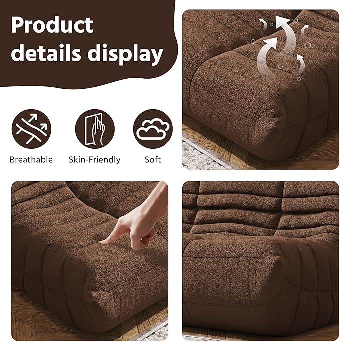 Bean Bag Chair, Fireside Chair, Large Bean Bag Chair for Adults, Bean Bag Chairs for Teens with High-Resilience Foam, Non-Slip Base Floor Lounge Sofa,Living Room (Coffee, 3-Seater)