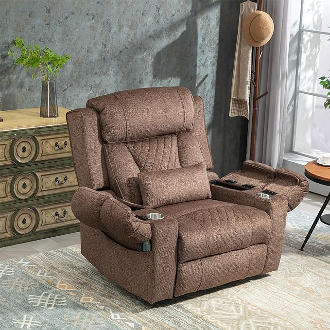 Oversized Lift Assist Recliner Chair with Massage Heating, Extra Wide Lay Flat Recliner Chairs with Lumbar Pillow, Flip Arm Storage Cup Holders and USB Type C Charging for Elderly Sleeping