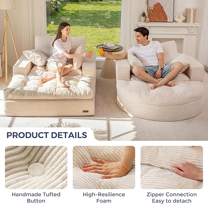 MAXYOYO Modular Sectional Chaise Lounge Sofa, 2 Sets Upholstered Lounge Chair with Ottoman, Comfy Round+ Square Couch with Layered Cushion, Tufted Sleeper Chair for Living Room, No Assembly, Beige