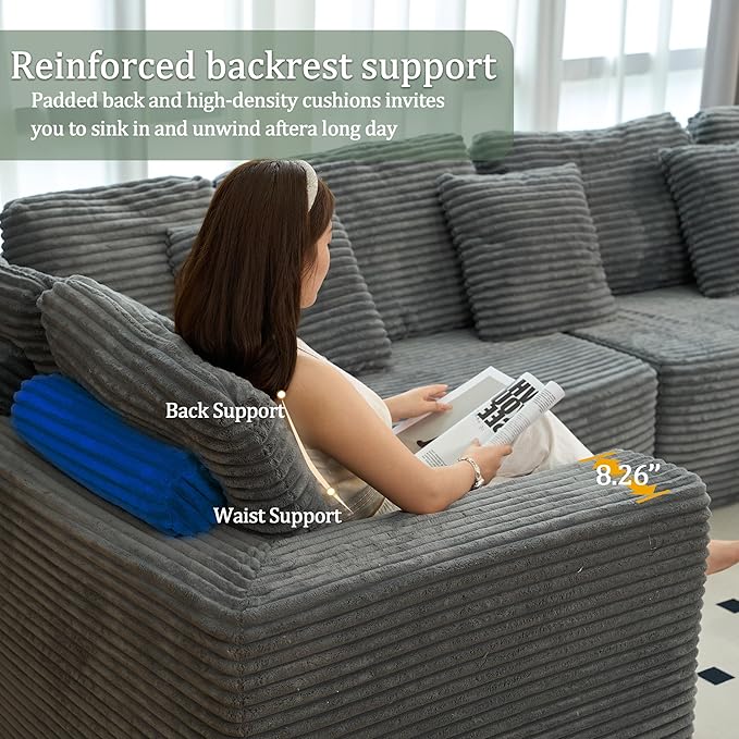 135.5" Cloud Sectional Couch,Boneless Corduroy Sofa for Living Room,Oversized U Shaped Sofa with Chaise,Deep Seat,No Assembly Required,Modular Sectional Sofa（Grey）
