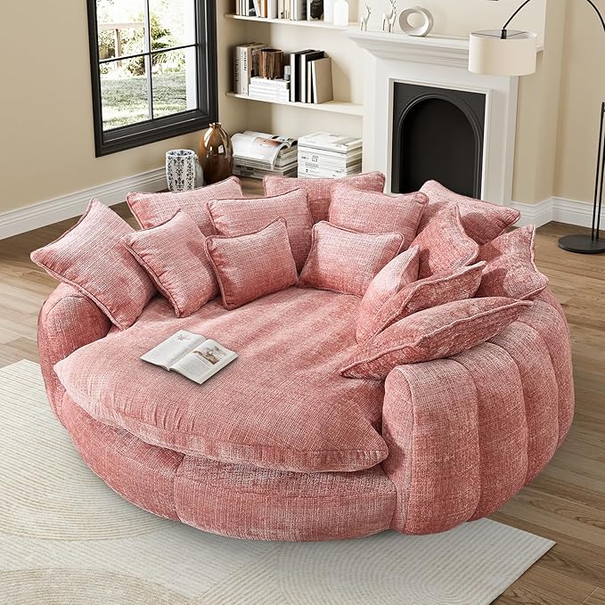 81" Oversized Bean Bag Chair Boneless Round Chaise Lounge Comfy Chenille Reading Chair Fluffy Plush Sofa Bed Large Deep Seat Circle Cloud Couch for Living Room, Bedroom, Apartment, Pink