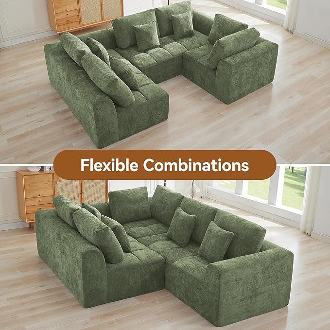 110''Modular Sectional Couches for Living Room, Cloud Boneless Compressed Sectional Sofa, Oversized U Shaped 5 Seater Upholstered Memory Foam Sofa, No Assembly, Chenille Green