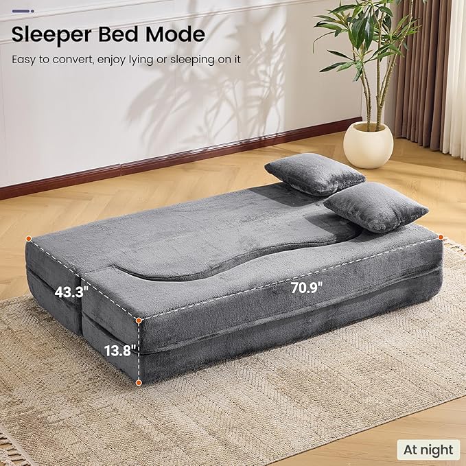 Orynveela Convertible Folding Sofa Bed, 71” Single Size Floor Sleeper Couch, Chenille Full Foam Futon Loveseat for Living Room Bedroom, No Assembly Required (Grey)