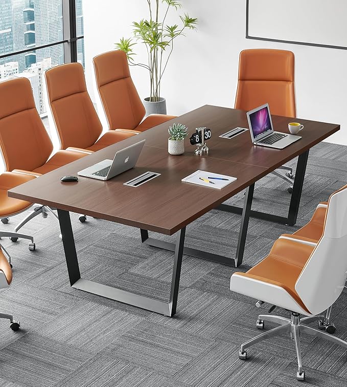 ahliss Sturdy Conference Table with Cable Management Grommets Modern Rectangle Office Meeting Table with Wood Tabletop and Metal Frame & Legs- Easy Assembly Boardroom Table (Mahogany, 8 Foot)
