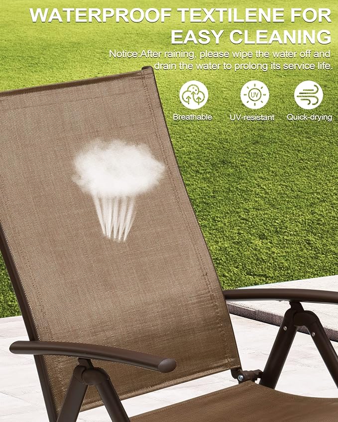 Crestlive Products 2PCS Chaise Lounge Chair Outdoor with 1PC Side Table, Aluminum Folding Patio Recliner Chair, Adjustable 8 Positions Assemble-Free