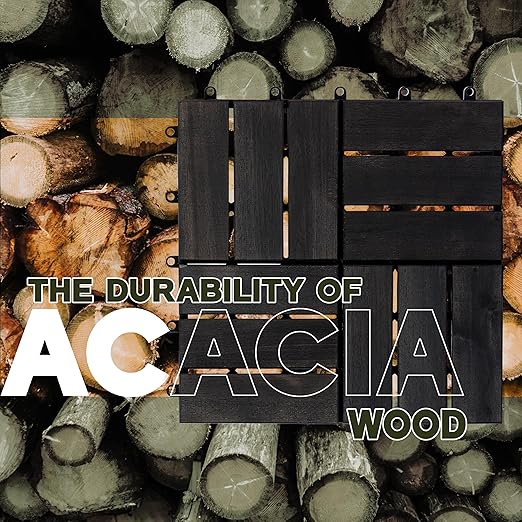 VICTORY RELAX Acacia Wood Decking Tiles 27PCS - Easy Snap Interlocking Deck Tiles for Patio Poolside Balcony Decor - All Weather Waterproof Flooring for Indoor & Outdoor (Round Joints)