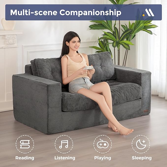 MAXYOYO Bean Bag Chair for Adults, Upholstered Floor Sofa with Armrests, Loveseat Boneless Couch with Tufted Cushion & Backrest, Sofa in A Box, Large Bean Bag Couch for Bedroom Living Room, Dark Gray
