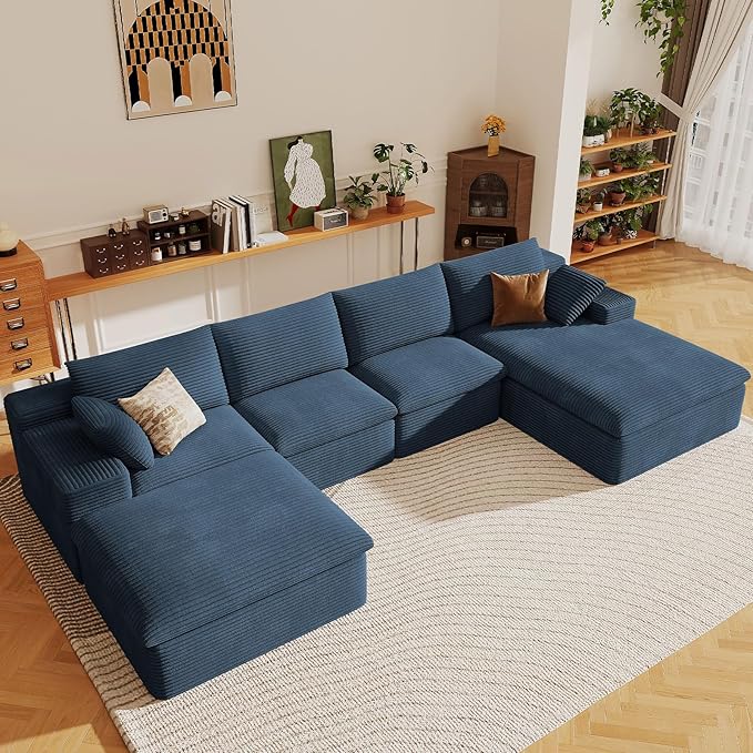 136" Cloud Sectional Couch with U-Shaped Chaise,Corduroy Viral Boneless Sofa with Ottoman,Memory Foam Couches in a Box with Deep Seat for Living Room,No Assembly Required (Blue,Right-Facing Chaise)