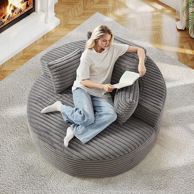 55"W Oversized Round Chair Lounge Chaise Indoor, Upholstered Comfy Circle Sofa Armchair, Modern Cozy Boneless Foam Floor Reading Chair for Living Room, Bedroom, No Assembly Required(Corduroy, Grey)