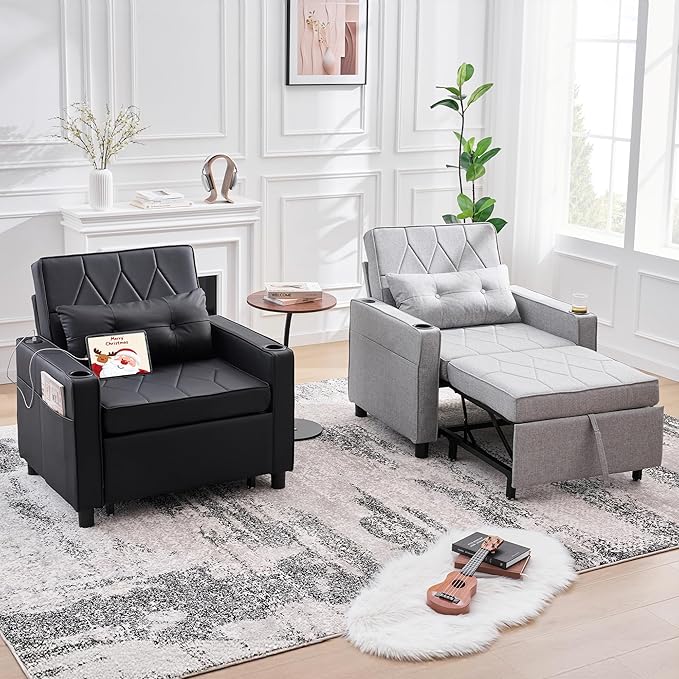 TYBOATLE Leather Convertible Sleeper Chair Bed for Adults, 3-in-1 Pull Out Sofa Chair Bed with USB/Type-C Ports, Cup Holders, Side Pockets, Single Sofa for Living Room, Office, Bedroom (Black)