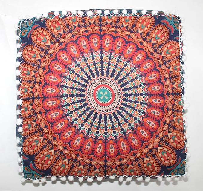 CRAFT KALA Large Hippie Mandala Meditation Floor Ottoman Pillow Cushion Pouf Cover Square Poufs Bohemian Circle Floor Cushion Case Outdoor Fireplace Yoga Living Room Decor Cover Orange, 16" Square