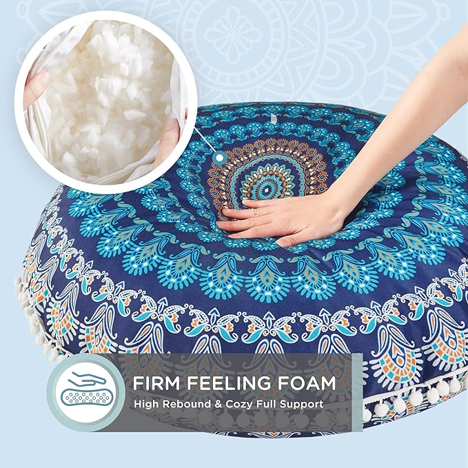 Codi Meditation Floor Pillow Set of 2, Round Large Pillows Seating for Adults, Bohemian Mandala Circle Cushion for Outdoor Fireplace Yoga Living Room, 32 Inch, Memory Foam Added, Navy