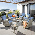 7-Piece Wicker Patio Furniture Set, All-Weather Rattan Conversation Bistro Loveseat Chair and Patio Rockers Set for Backyard, Balcony and Deck with Soft Cushions and Metal Table(Blue)