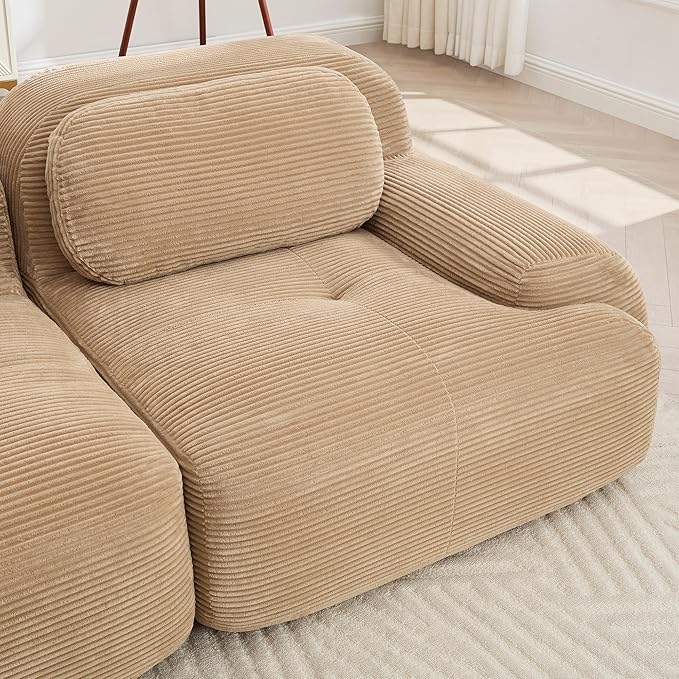 SoarFlash 81” Sectional Cloud Boneless Sofa Couches for Living Room-2 Seater L-Shaped Modern Lounge Couch-No Assembly Modular Corduroy Convertible Sponge Sleeper Sofas with Chaise for Home House,Camel