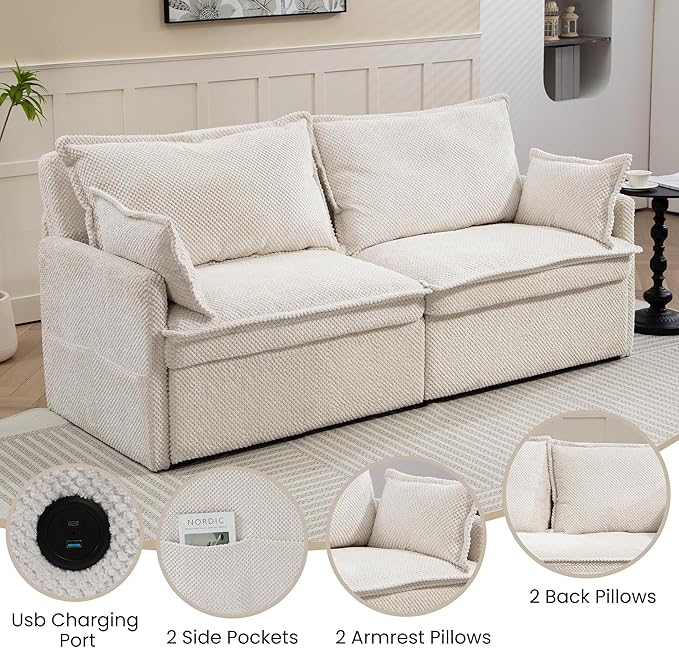 GRAINLLE King Size Pull Out Couch,3-in-1 Corduroy Sleeper Sofa with Pull Out Sofa Bed,USB & Side Storage,Convertible Loveseat Sleeper Couch for Living Room, Bedroom, pet-Friendly(Beige, 73.6'')