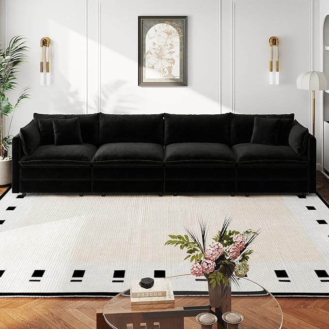 Aoowow Modular Sectional Sofa,147.2 Inch Deep 4-Seater Sofas Comfy Chenille Cloud Sofas and Couches with Pillows for Living Room Apartment（Black）