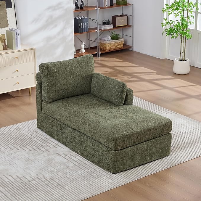 KEIKI 60" Chaise Lounge Chair Indoor, Modern Deep Seat Sofa Bed, Corduroy Couch with Cushions, Single Sleeper Chair for Living Room, Bedroom, Apartments, Green (Right Side)