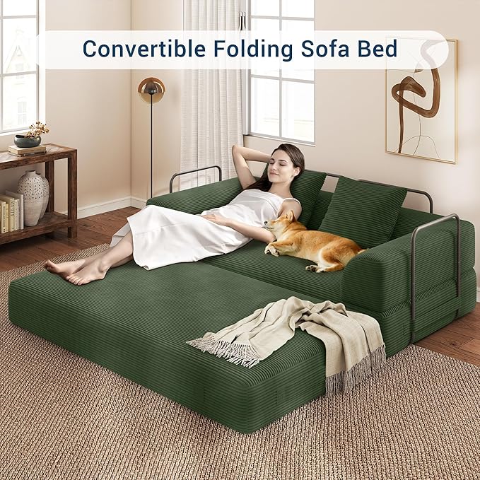 Cloud Boneless Convertible Floor Sofa Bed, 70" 4-in-1 Foldable Compressed Loveseat Lounge Sleeper 2 Seater Couches, High-Density Sponge & Corduroy Fabric Futon Daybed for Living Room Bedroom(Green)