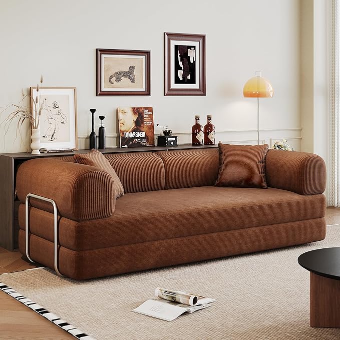 79" Convertible Sofa Bed, Corduroy Folding Pull Out Couch with Pillows, No Assembly Modern Boneless Couch Compression Sofa in Box, Floor Sofa with Support Rods for Living Room,Brown