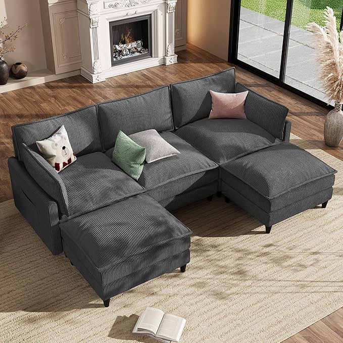 Apicizon 108" Cloud Couch Sectional, 3-Seat Deep Cloud Sofa with Ottoman, Modern U Shape Sectional Sofa Corduroy for Living Room, Apartment, Office, Grey