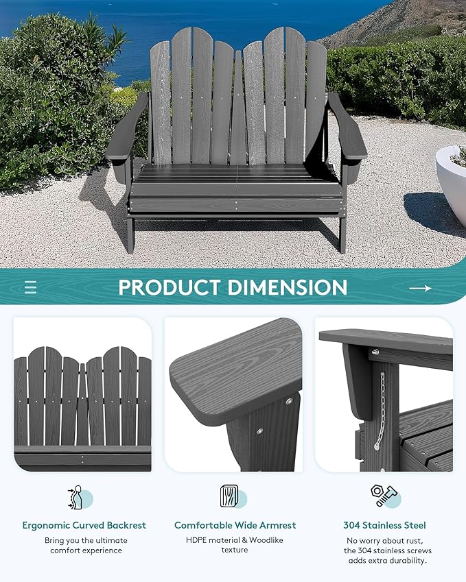 SERWALL Folding Adirondack Bench, HDPE All-Weather Adirondack Loveseat Set of 2, Grey