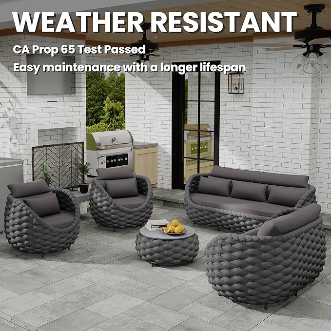 Erotr Lanai Outdoor Furniture Set: 6-Piece Aluminum Woven Rope Patio Conversation Set - Modern Cushions Sofa Set Assembled - Porch Seating Couch Set for Deck Yard Garden Pool Hotel Resort, Dark Grey