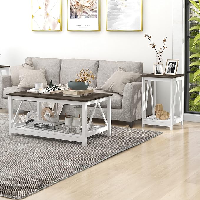 UYIHOME Farmhouse Coffee Table and End Table Set for Living Room, 2-Tier Wooden Living Room Table Set with Slats Base, Dark Oak