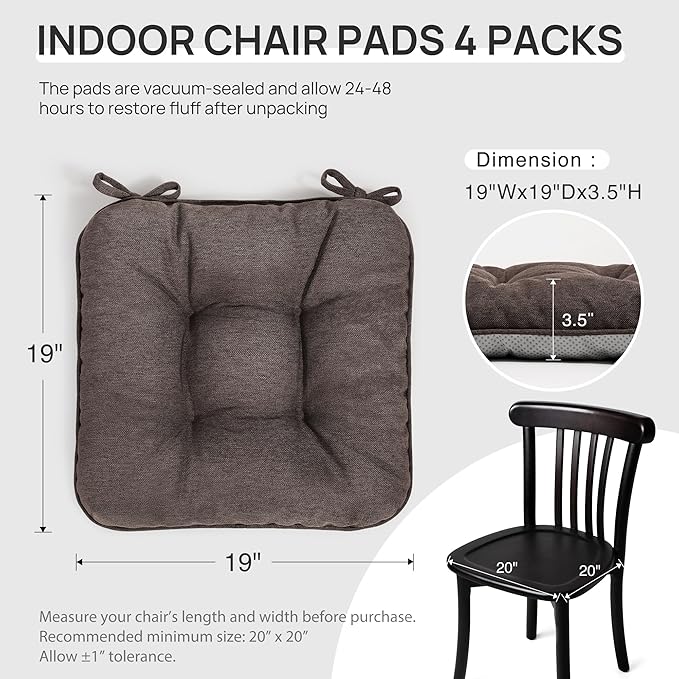 Love's cabin Memory Foam Chair Cushions Set of 4, Outdoor/Indoor Chair Pads for Dining Chairs 4 Pack, Seat Cushions for Kitchen, Dining Room, Office, Patio Chairs, 19"x19"x3.5" Coffee