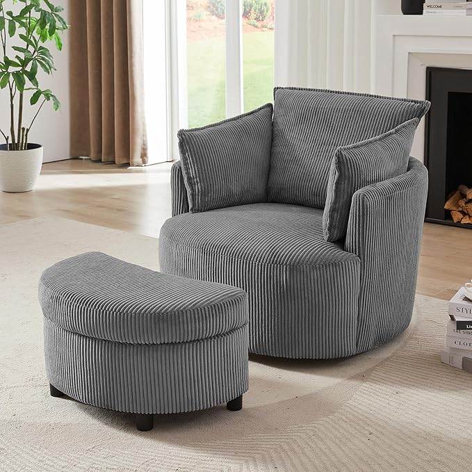 Chorlenimi Swivel Accent Chair Round Barrel Armchair Upholstered Living Room Chair Corduroy Reading Chair Single Sofa Chair for Bedroom Apartment Office (Grey, Standard 1Seater+ Ottoman)