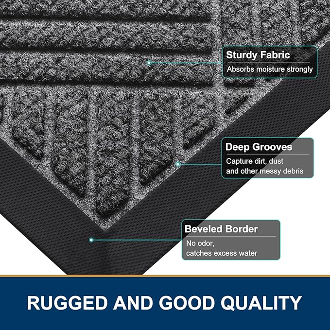 Smiry Front Door Mat Outside Entrance, Heavy Duty Outdoor Indoor Mat, Natural Rubber Doormat, Non Slip, Trap Dirt and Moisture, Easy Clean, Low Profile Patio Porch Entryway Mat, 71x23, Light Grey