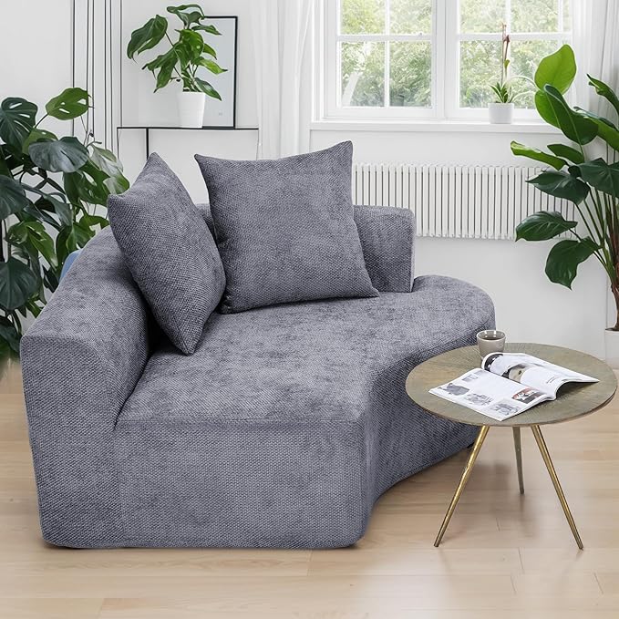 L Shaped Single Sofa, Modern Comfy Chenille Fabric Loveseat Couch, No Assembly Required Small Couch with Deep Seat, 2 Pillows for Living Room, Apartment, Bedroom