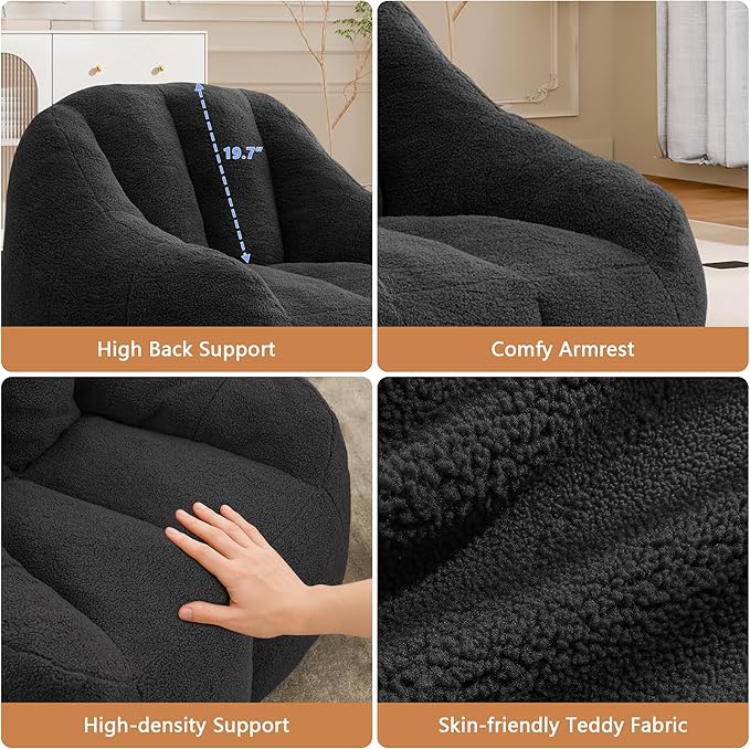 Setawix Bean Bag Chair with Filler, Comfy Teddy Bean Bag Chairs for Adults and Kids, Cozy BeanBag Sofa Fully Floor Couch with Memory Foam for Living Room Bedroom,Dark Grey