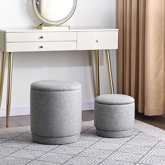 Homebeez Round Storage Ottoman Set of 2, Linen Cotton Fabric Stool with Removable Lid, Multifunctional Foot Rest Pouf for Living Room, Bedroom, Dorm, Supports 300 lbs, Gray