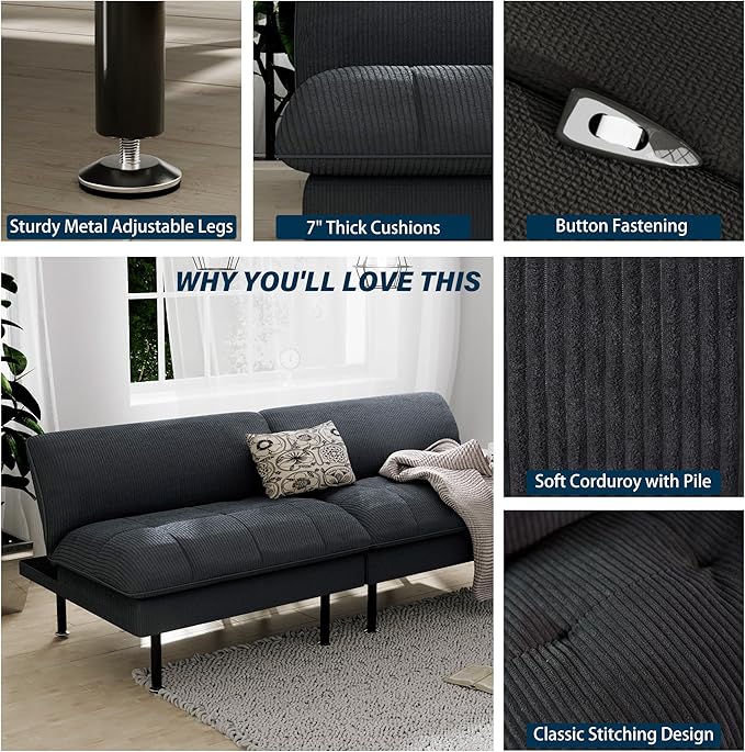3 Sets 70" Futon Sofa Bed, 4 in 1 Multi-Function Couch Sleeper with Adjustable Backrest, Modern Convertible Futon, Recliner Small Loveseat for Living Room, Grey