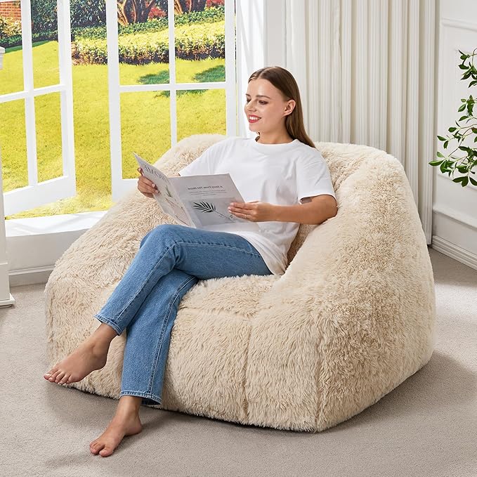 Hobestluk Bean Bag Chairs for Adults Giant Bean Bag Chair with Memory Foam Filling, Adult Beanbag for Bedroom, Living Room (White Plush)