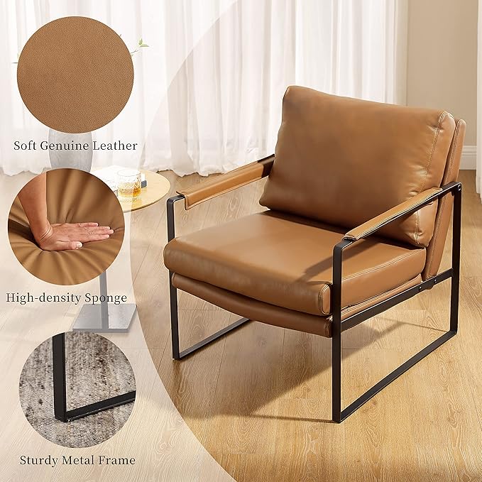Volans Mid Century Modern Genuine Leather Accent Chair with Arms for Living Room, Metal Frame Armchair Reading Chair, Lounge Chair Single Sofa for Bedroom Office, Brown
