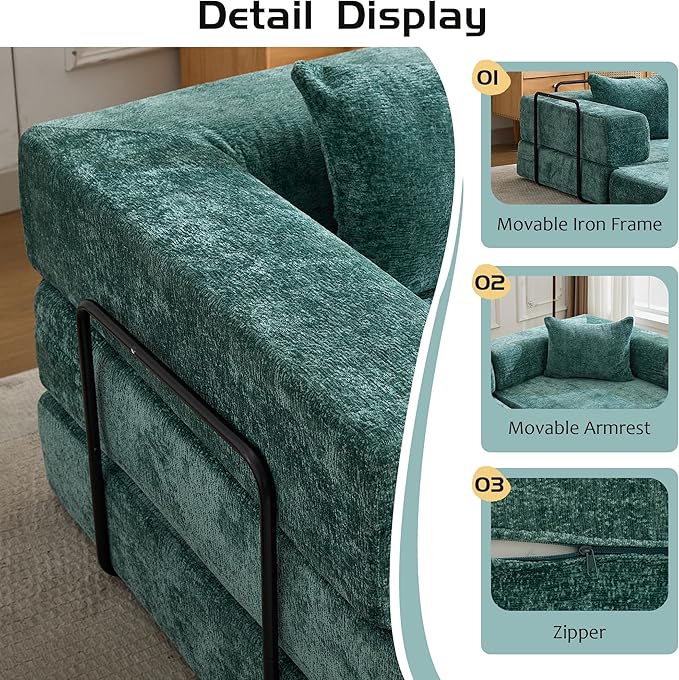 79" Convertible Sofa Bed with Pillows, Corduroy Folding Sleeper Sofa with Fixed-Shape Frame, Boneless Couch for Living Room Bedroom, Floor Sofa Lounge No Assembly Required (Modular Sofa - Green)