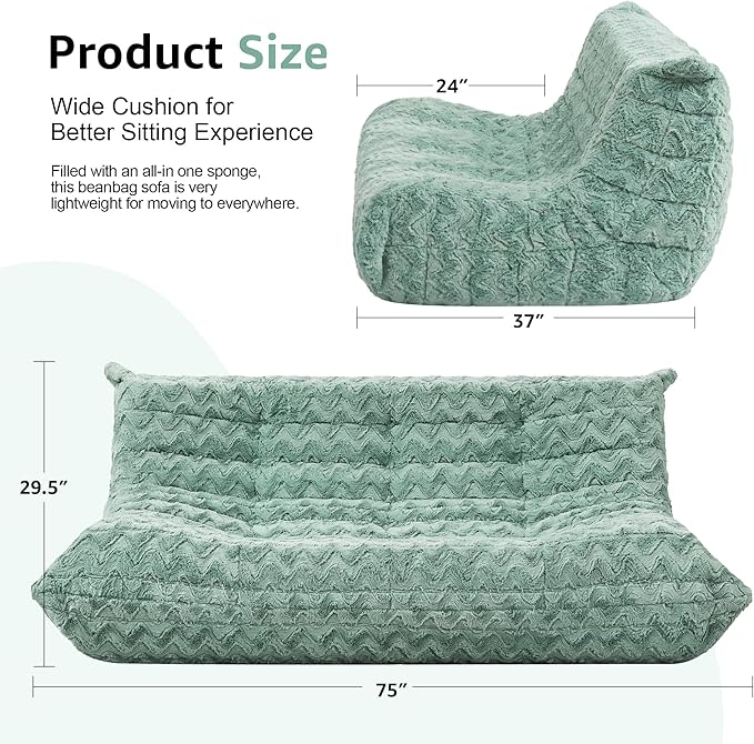 Bean Bag Chairs for Adults Giant Bean Bag Chair Memory Foam BeanBag Chair Bean Bag Sofa with Filler Faux Fur Fireside Beanbags Lazy Sofa for Living Room Bedroom Office (Green Chevron, 3-Seater)