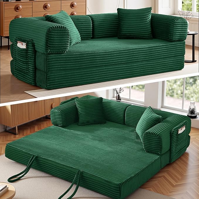 Chorlenimi Boneless Couch Futon Sofa Bed Sectional Couches for Living Room,Cloud Couch with Sleeper Sofa,Sofas for Living Room Oversized Corduroy Upholstered (Green, 81 Inches (with Iron Frame))