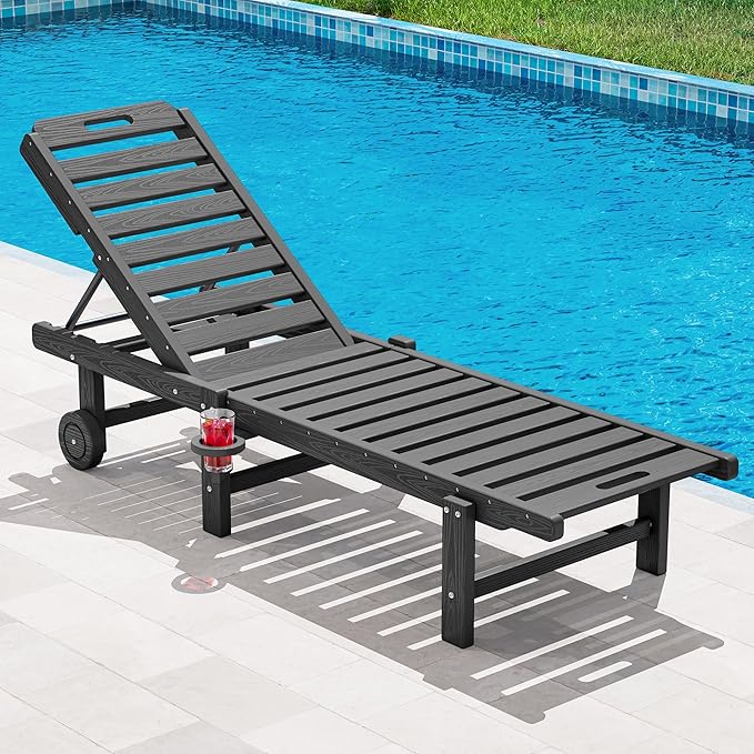 SERWALL Patio Chaise Lounge Chair, HDPE Outdoor Lounge Chair with Cup Holder, 5 Positions Adjustable Poly Lounger with Rolling Wheels for Poolside, Deck, Sunbathing, Grey
