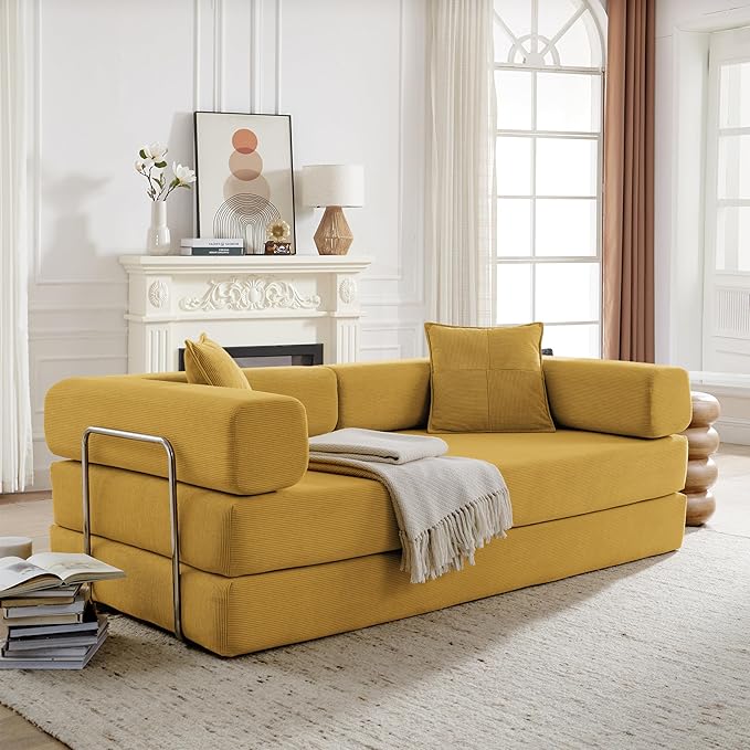 Convertible Couch Sofa Bed Foldable Floor Sleeper | Modern Fold Out Deep Seat Couch | Removable Backrest & Armrests | No Assembly Compression Sofa Sleeper for Living Room, Bedroom, Corduroy Yellow