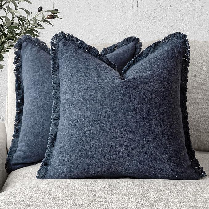 Foindtower Set of 2 Decorative Linen Fringe Throw Pillow Covers Cozy Boho Farmhouse Cushion Cover with Tassels Soft Accent Pillowcase for Couch Sofa Bed Living Room Home Decor, 16×16 Inch, Navy Blue